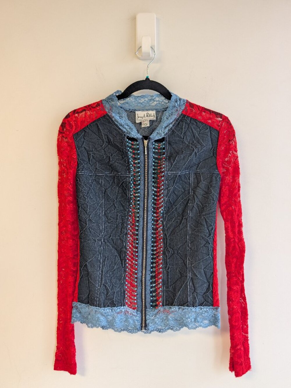 Vintage Y2K Joseph Ribkoff mixed media lace beaded crinkle denim zip Jacket